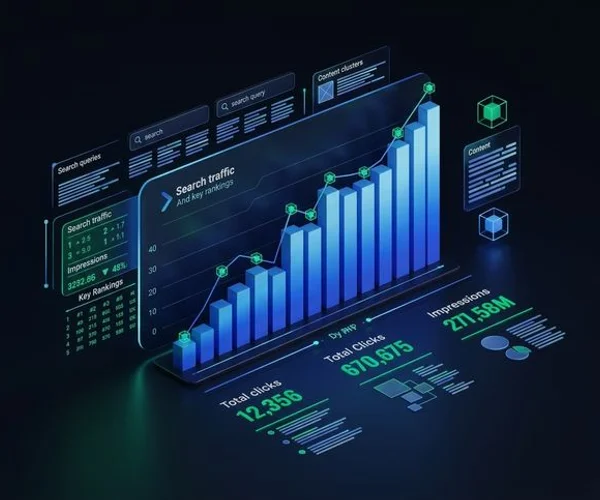 SEO performance dashboard showing revenue growth metrics and keyword rankings