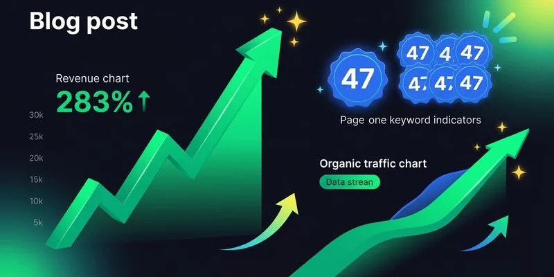 After state: 283% revenue growth, 47 page one keywords, and organic traffic growth chart