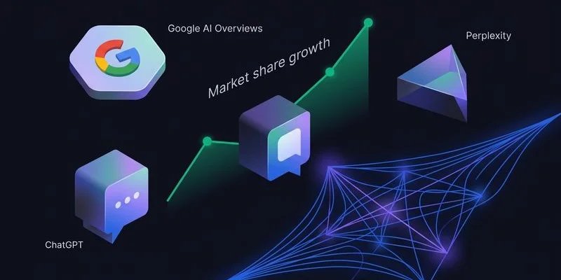 AI search platform landscape showing Google AI Overviews, ChatGPT, Perplexity, and their growth trajectories