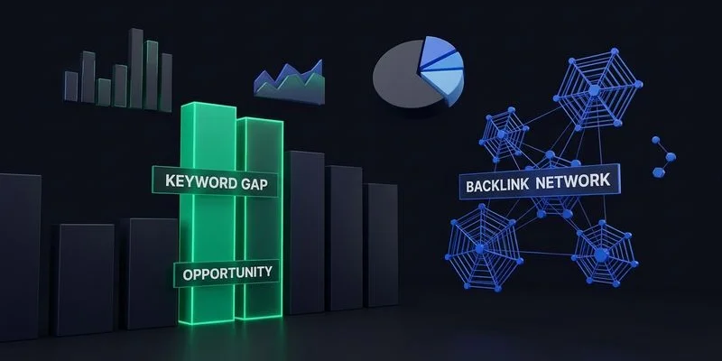 Competitor analysis dashboard showing keyword gap opportunities and backlink comparison charts