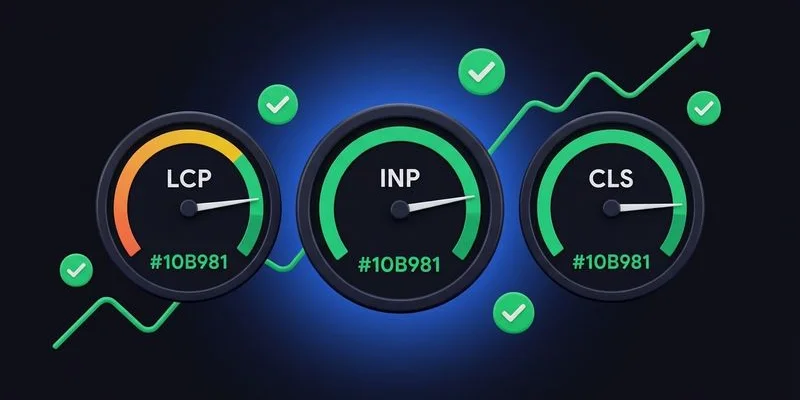 Performance metrics dashboard showing Core Web Vitals scores with green passing indicators
