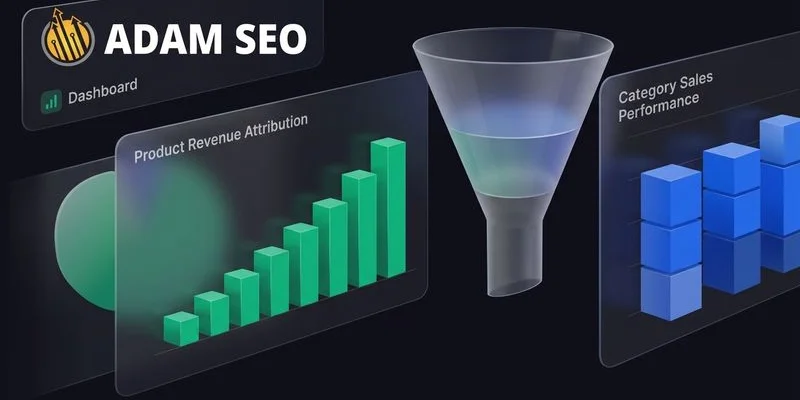 E-commerce SEO dashboard showing product rankings, revenue attribution, and conversion metrics