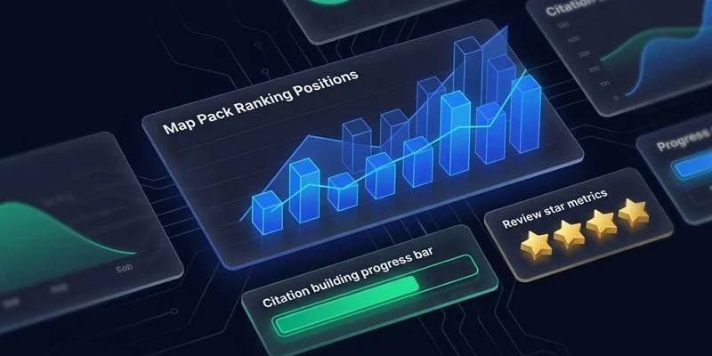 Local SEO strategy dashboard showing Map Pack rankings and citation metrics