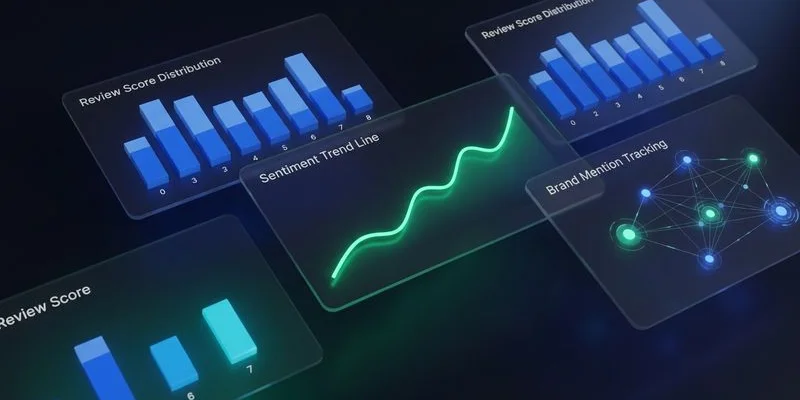 Online reputation monitoring dashboard showing review scores, sentiment trends, and brand mention alerts