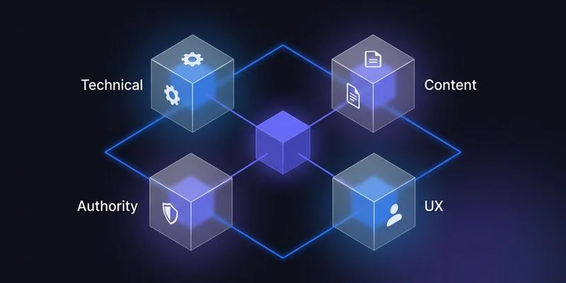 SEO audit methodology showing multi-dimensional analysis across technical, content, and authority factors