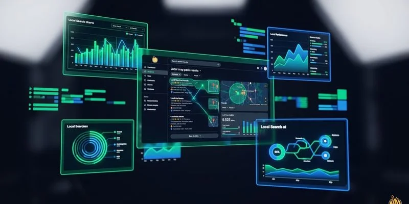 Team analysing local search metrics on multiple screens in a modern office