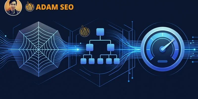 Technical SEO audit process showing crawl analysis with code inspection and performance charts