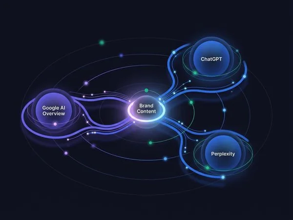 AI search ecosystem showing Google AI Overviews, ChatGPT, and Perplexity connected to optimised brand content